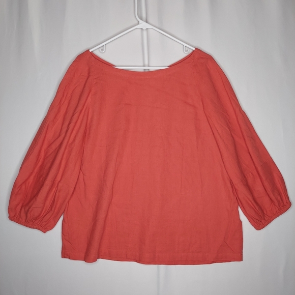 Loft Linen Blend Top Women Large Peasant 3/4 Bishop Sleeve Boho Minimalist Coral - Picture 9 of 9